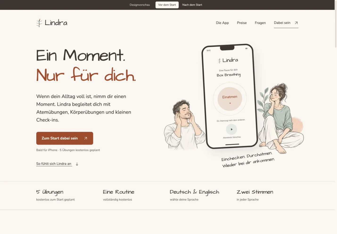 Lindra's implemented launch-page hero: Ein Moment. Nur für dich., with a breathing preview and two illustrated people