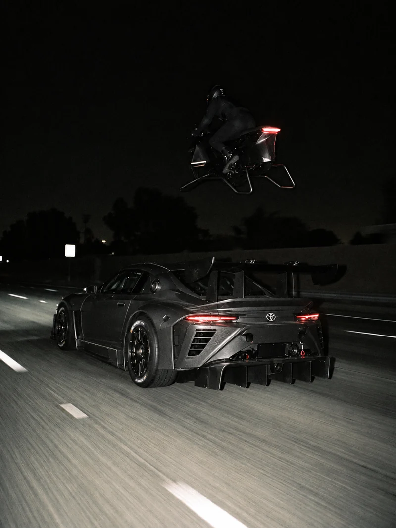 The fictional series continues with the Toyota on a night road and the airbike overhead