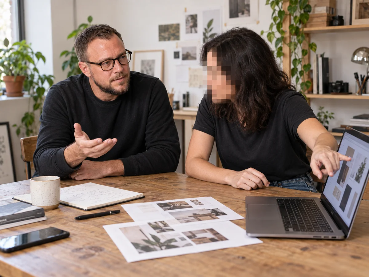 Imagined AI-generated scene: Valentin and a fictional woman with a pixelated face, debating an idea on a laptop at a shared work table