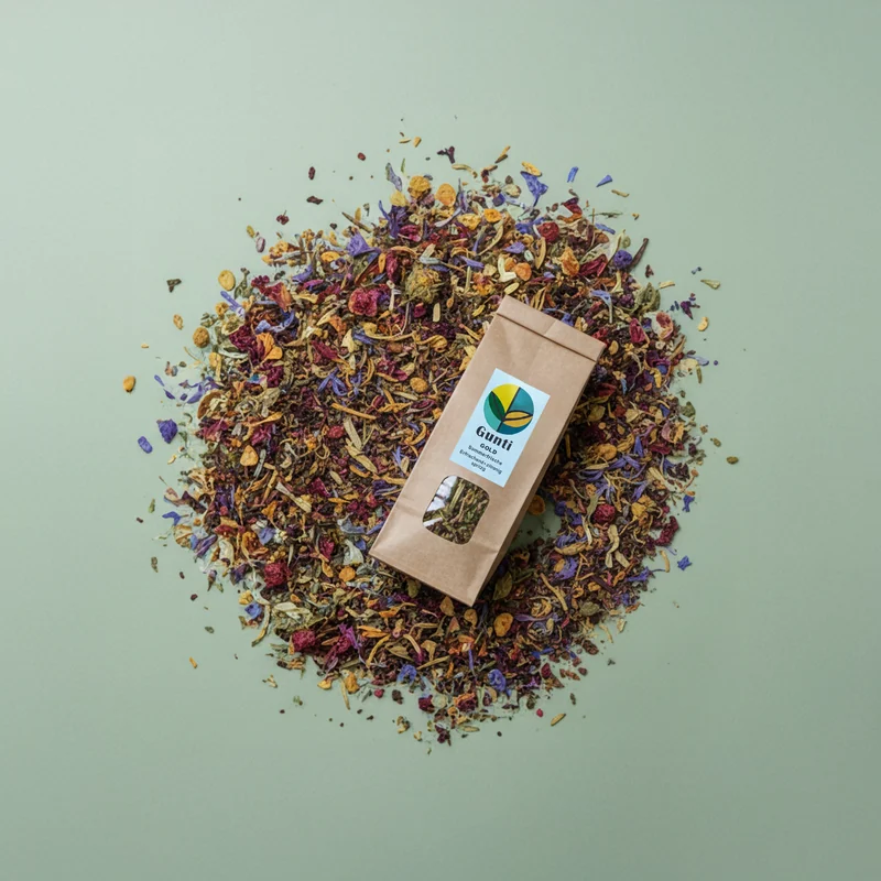 GuntiGold tea packaging surrounded by a colourful spread of dried herbs and flowers