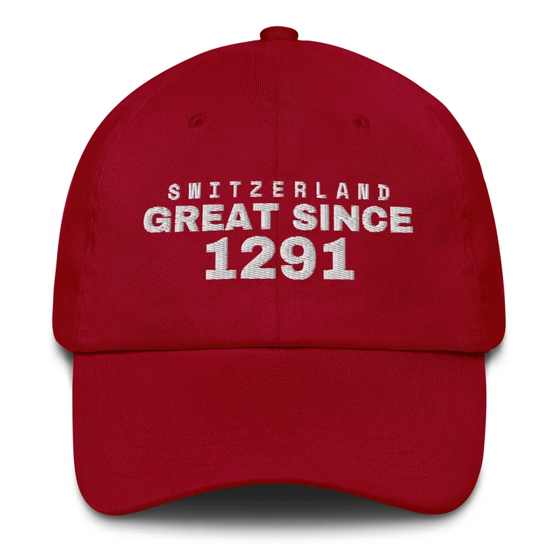 A red SINCE cap embroidered with Switzerland, Great Since 1291