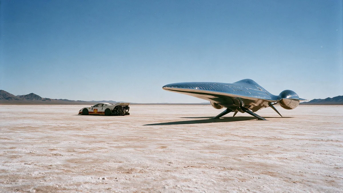 An unhomologated fictional Ferrari F40 and sculptural aircraft on a vast salt flat