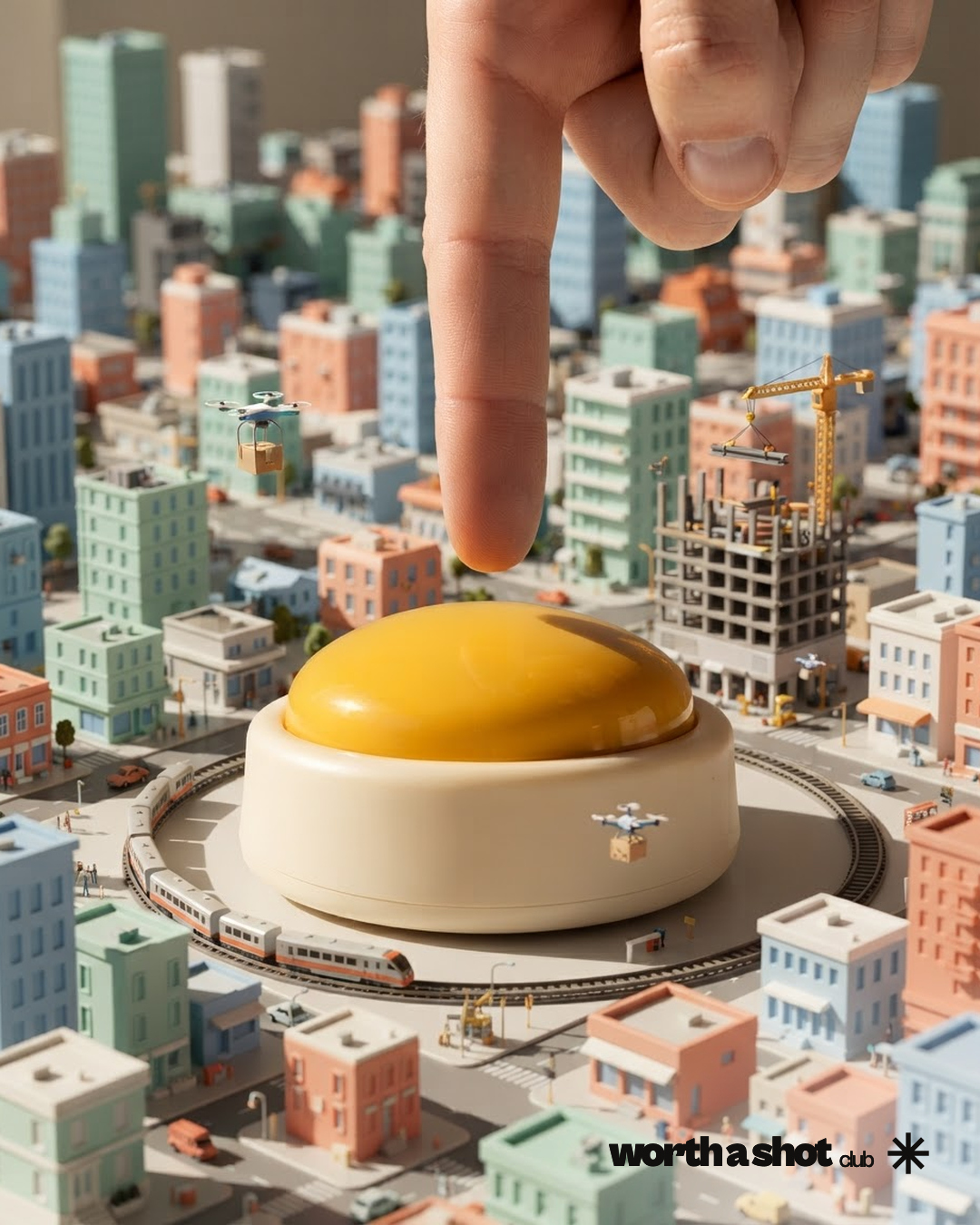 AI-generated scene: yellow button in a miniature city