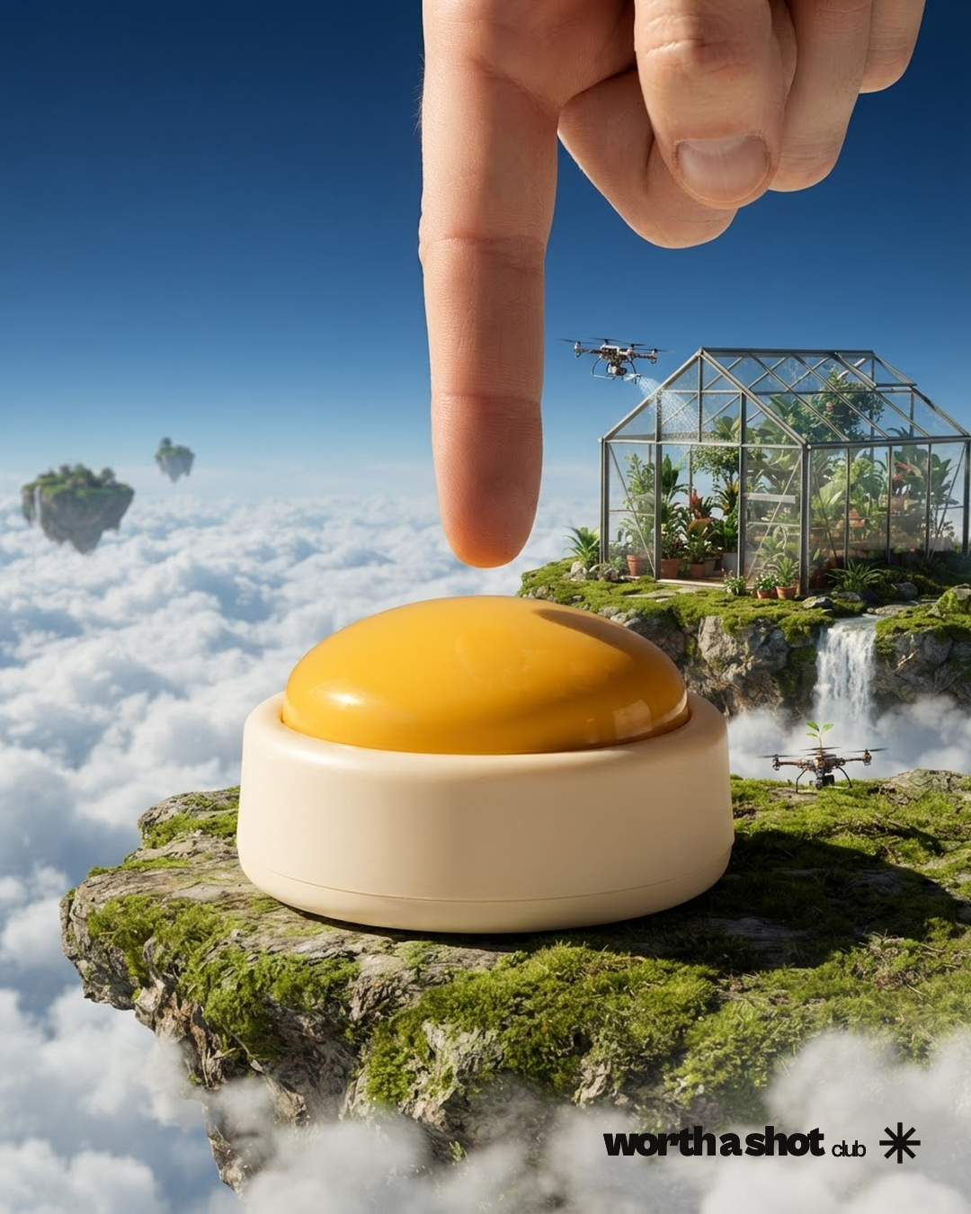 AI-generated scene: yellow button on a floating island