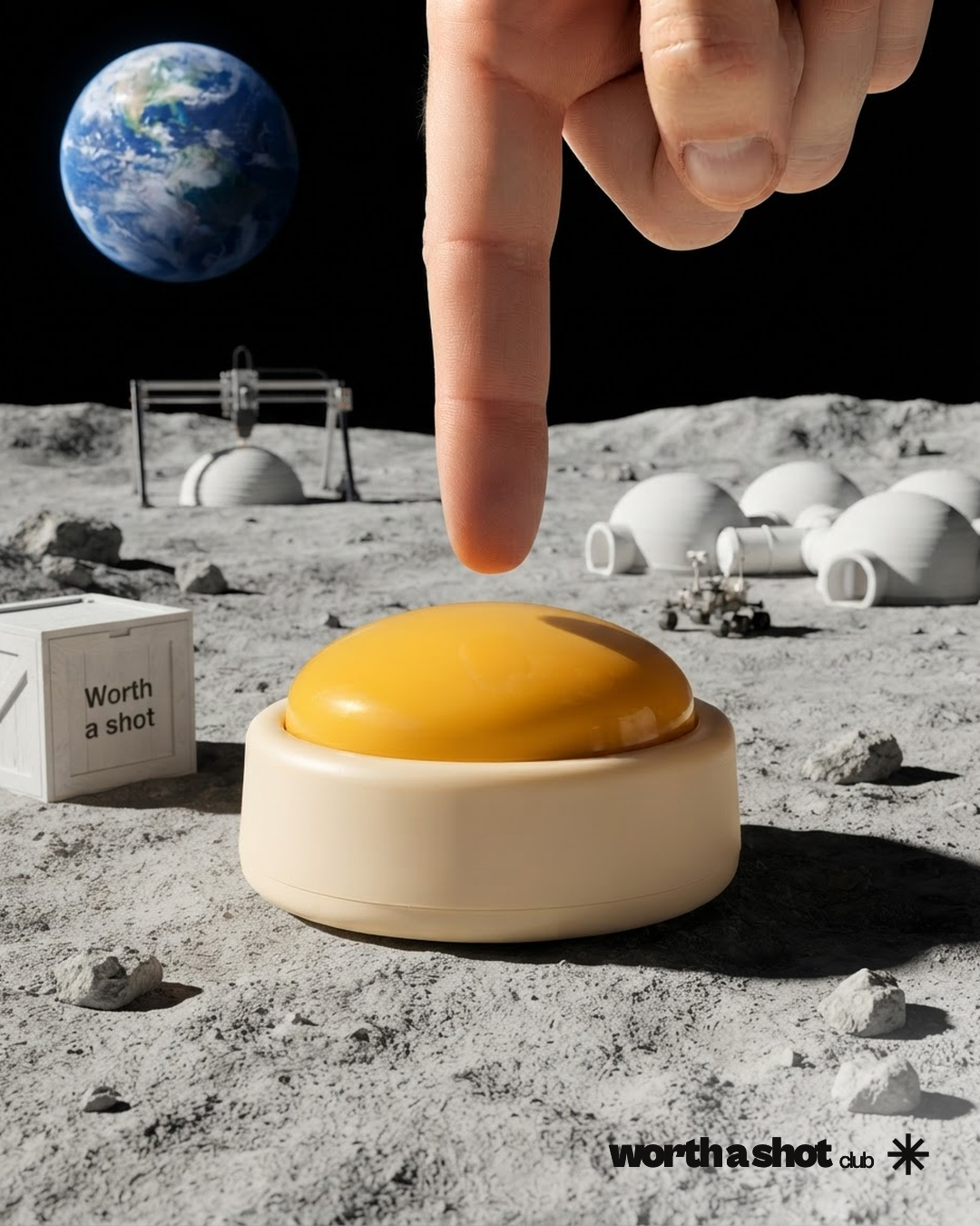 AI-generated scene: yellow button on a moon base