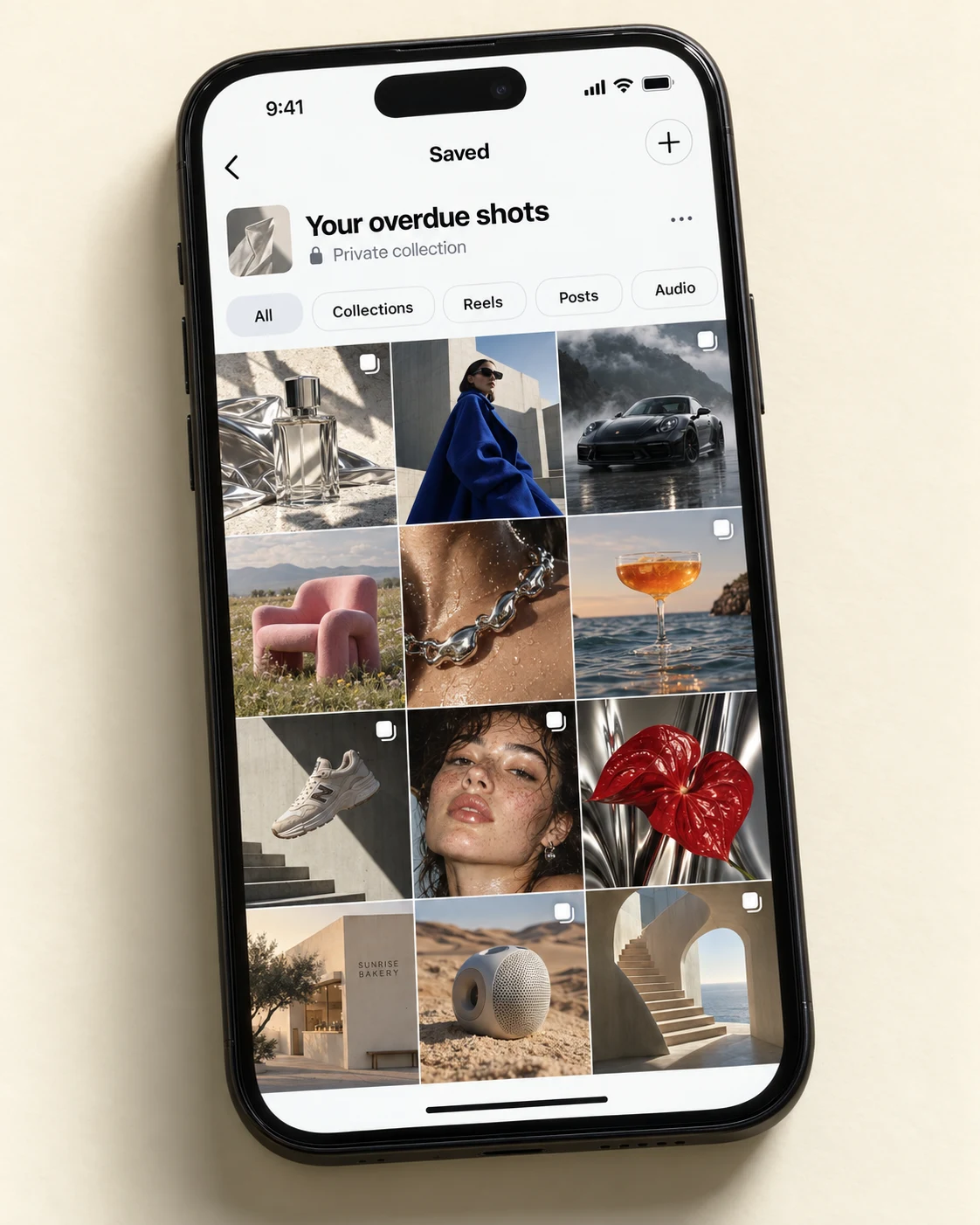 A realistic phone with a saved collection called Your overdue shots