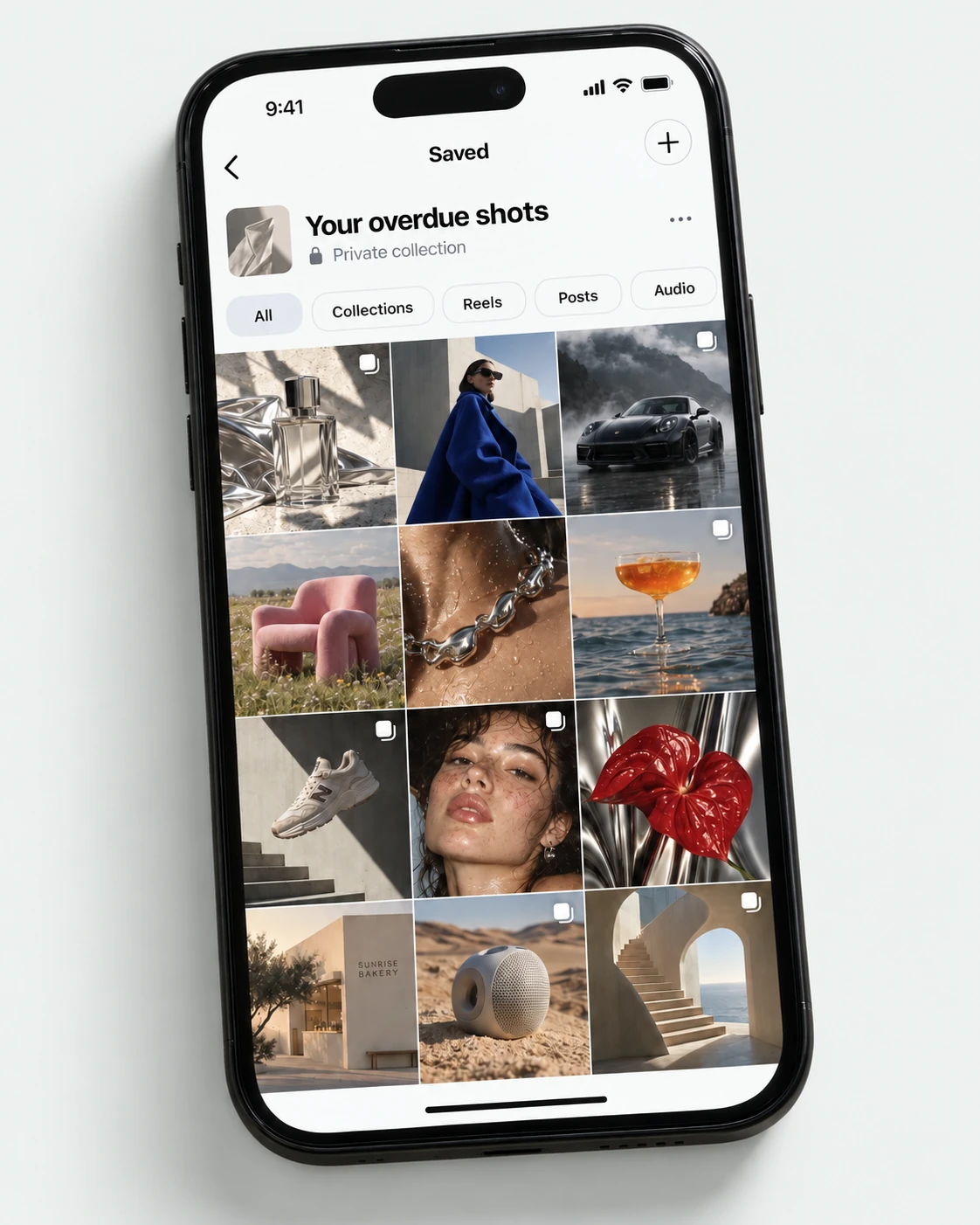 Phone mockup showing a saved collection called Your overdue shots, with AI-generated example images