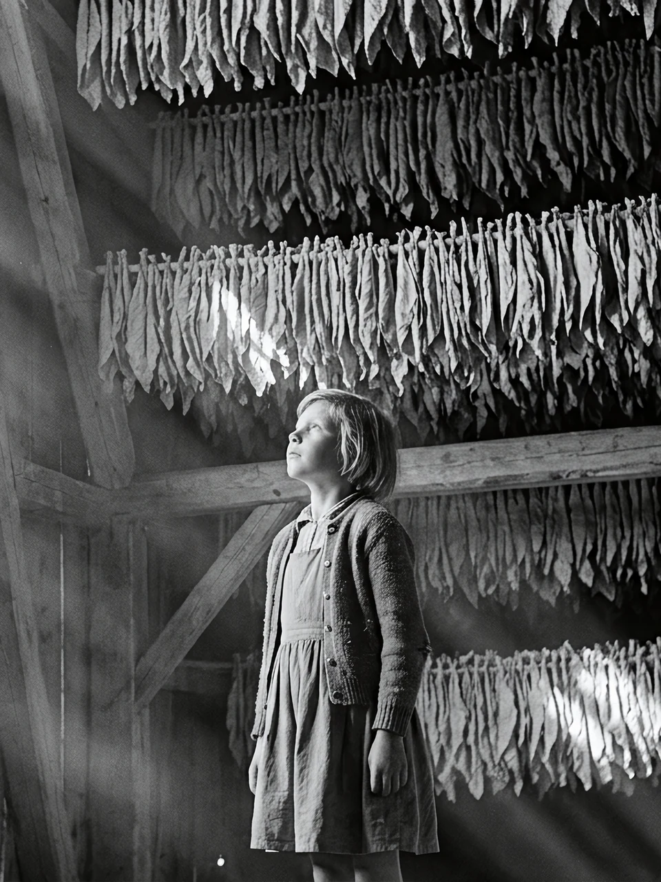 AI-generated black-and-white scene of a girl in a barn, looking towards sunlight through wooden shutters