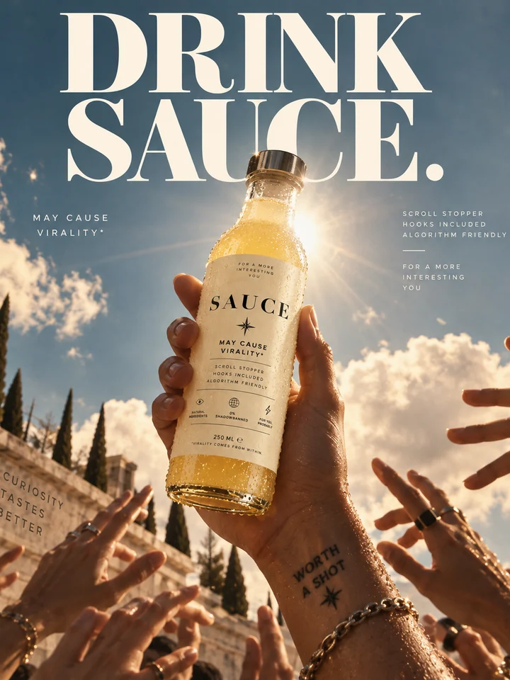 Fictional Sauce bottle held towards the sunlight, surrounded by raised hands